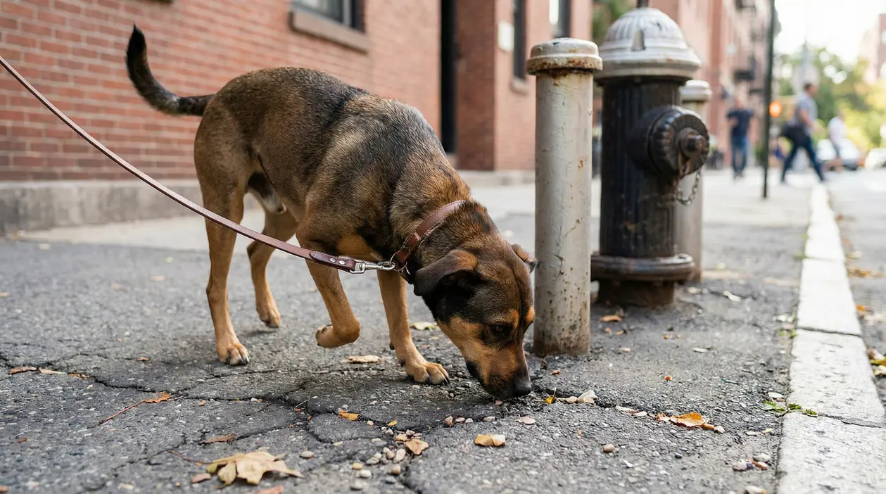 Cane al guinzaglio che annusa il marciapiede vicino a un idrante durante una passeggiata in città