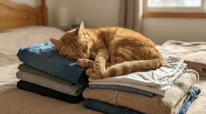 Gatto arancione che dorme su una pila di vestiti piegati sul letto in una camera da letto