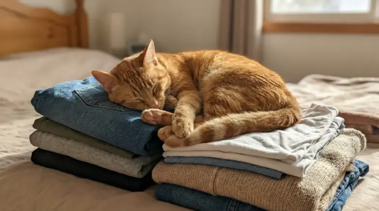 Gatto arancione che dorme su una pila di vestiti piegati sul letto in una camera da letto