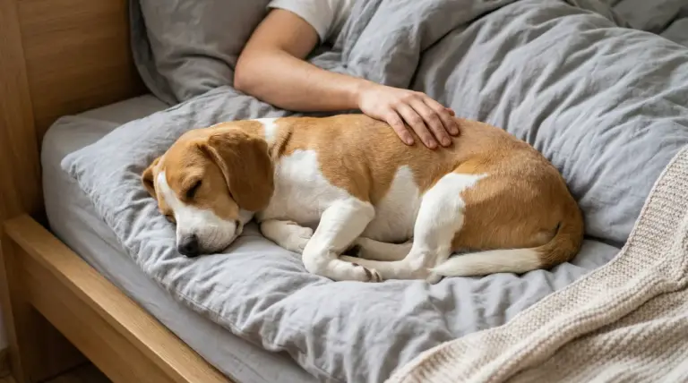 Cane che dorme sul letto accanto a una persona, mentre viene accarezzato sotto le coperte