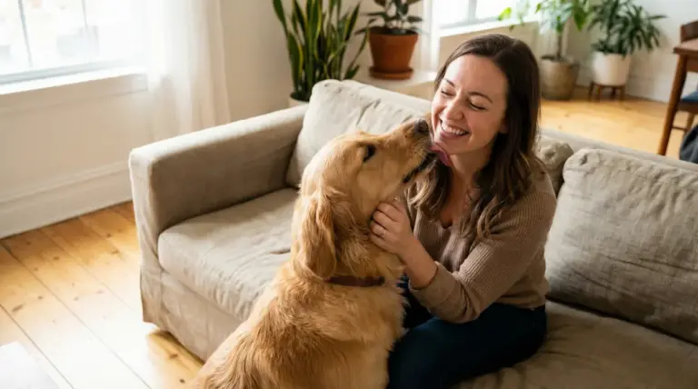 Donna sorridente sul divano mentre il cane le lecca il viso in salotto