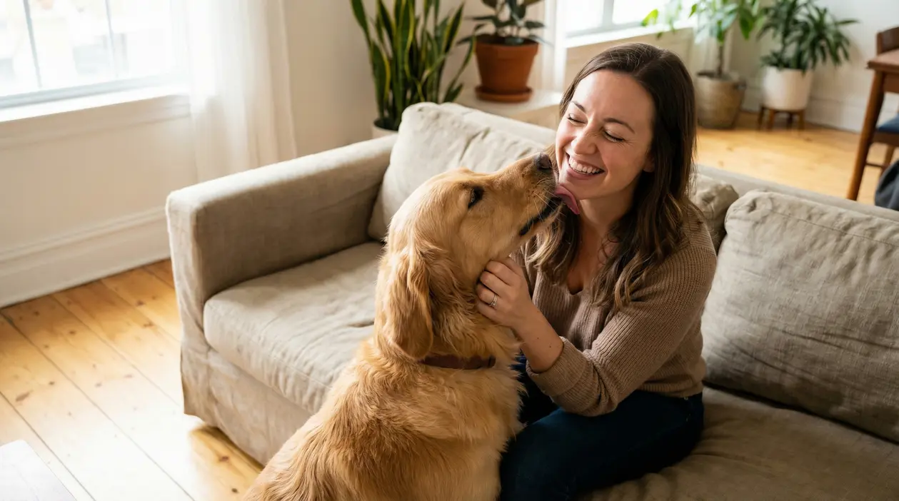 Donna sorridente sul divano mentre il cane le lecca il viso in salotto