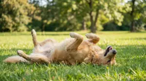 Cane disteso a pancia in su che si rotola sull’erba in un prato soleggiato