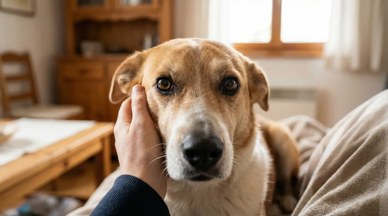Cane sdraiato in casa che guarda fisso negli occhi mentre una persona gli accarezza il muso