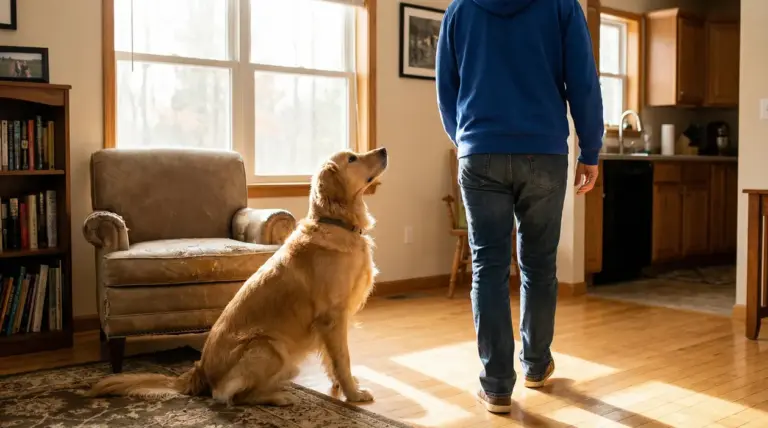 Cane seduto in salotto guarda una persona che si allontana, come se volesse seguirla in casa