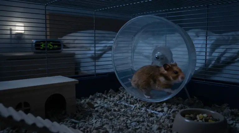 Criceto nella ruota della gabbia durante la notte, in camera da letto