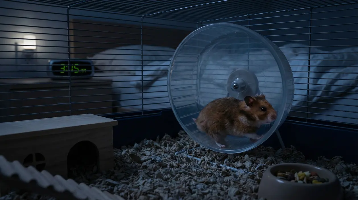 Criceto nella ruota della gabbia durante la notte, in camera da letto