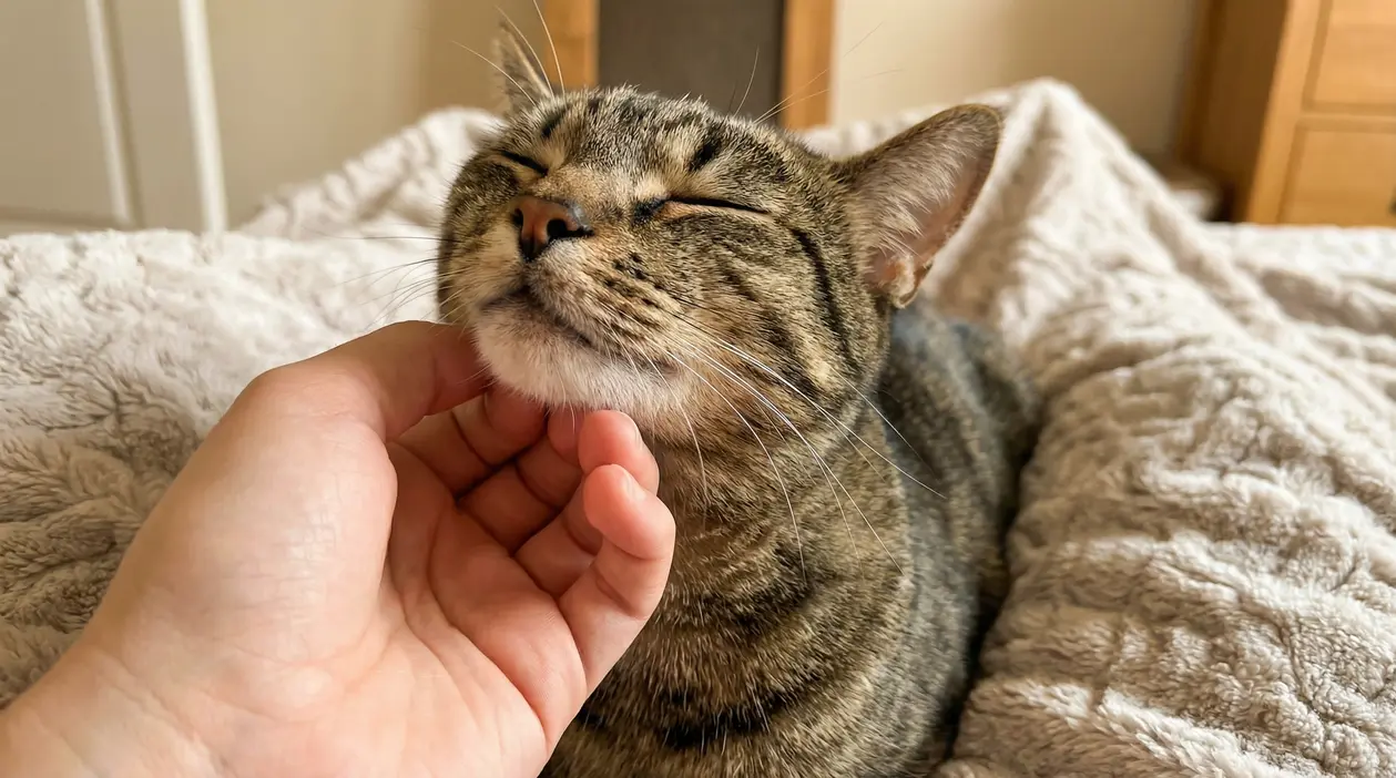 Gatto tigrato con occhi chiusi mentre una mano lo accarezza sotto il mento su una coperta morbida