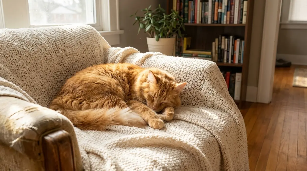 Gatto arancione che dorme acciambellato su una poltrona vicino alla finestra in casa