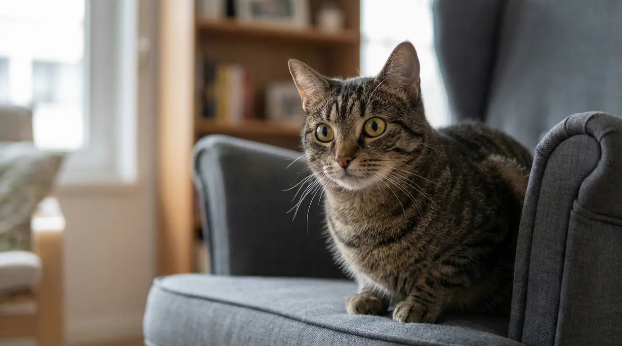Gatto soriano seduto su una poltrona che fissa intensamente davanti a sé in casa