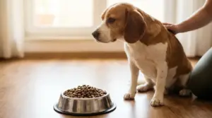 Cane seduto davanti alla ciotola piena di crocchette, con una persona accanto, segno di perdita di appetito
