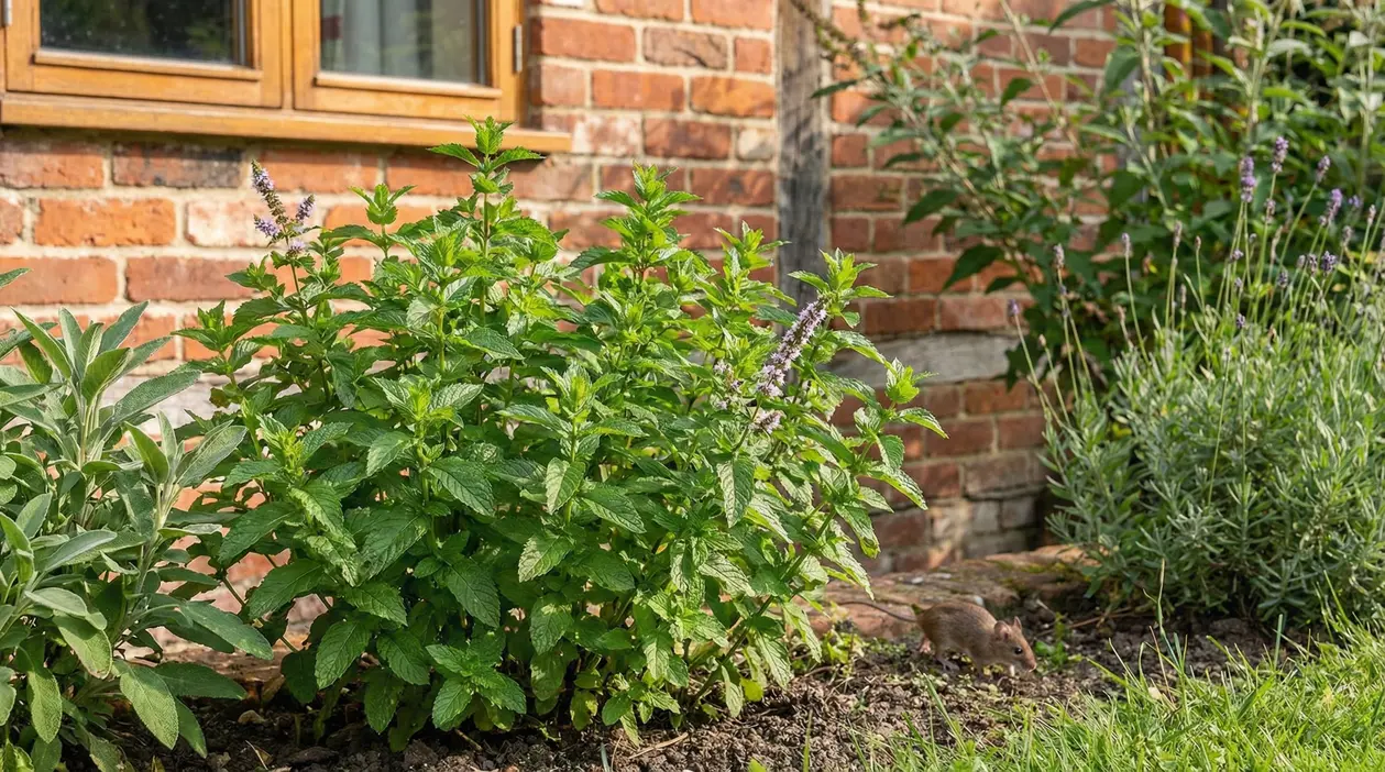 Pianta aromatica in giardino vicino a un muro di mattoni, con un topo che si muove tra le aiuole