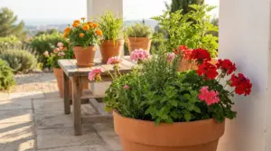 Vasi con piante aromatiche e fiori su una terrazza soleggiata, con rosmarino e gerani in primo piano