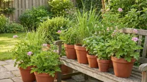 Vasi di piante aromatiche e gerani su una panchina in giardino, utili per tenere lontane le zanzare