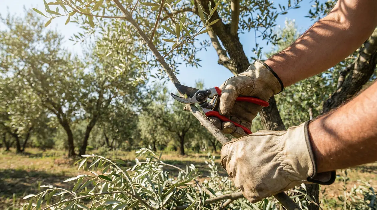 Mani con guanti mentre potano un ramo di ulivo con forbici da potatura in un oliveto