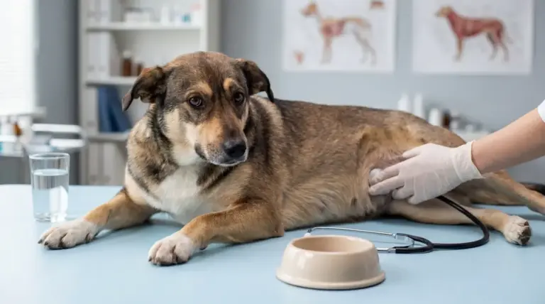 Cane sdraiato sul lettino veterinario durante una visita per possibili problemi digestivi