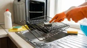 Persona con guanti pulisce la griglia del forno incrostata con una spazzola sopra il lavello della cucina