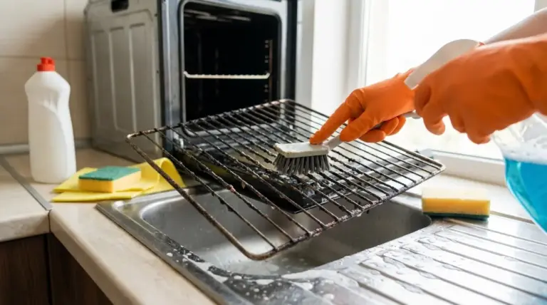 Persona con guanti pulisce la griglia del forno incrostata con una spazzola sopra il lavello della cucina