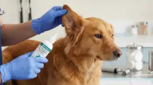 Persona con guanti solleva l’orecchio di un cane e applica un detergente auricolare in ambulatorio veterinario