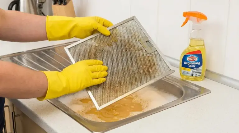 Mani con guanti gialli puliscono un filtro della cappa unto nel lavello con sgrassatore