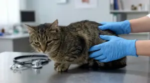 Gatto tigrato sul tavolo del veterinario, visitato da una persona con guanti blu accanto a uno stetoscopio