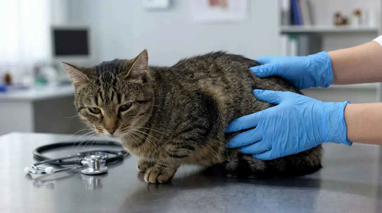 Gatto tigrato sul tavolo del veterinario, visitato da una persona con guanti blu accanto a uno stetoscopio