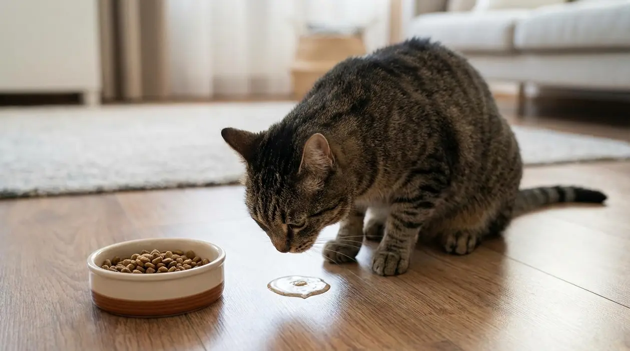 Gatto tigrato accanto alla ciotola mentre osserva una piccola chiazza di vomito sul pavimento di casa