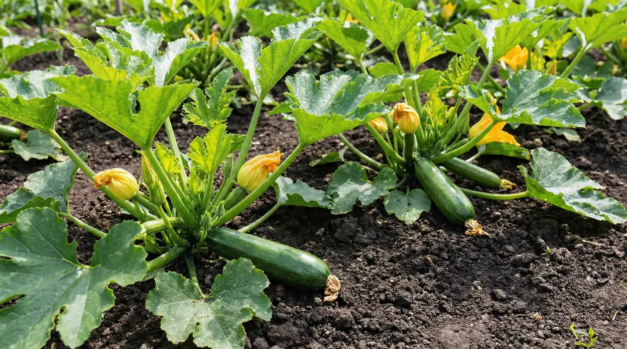 Piante di zucchine nell’orto con frutti verdi e fiori gialli su terreno coltivato