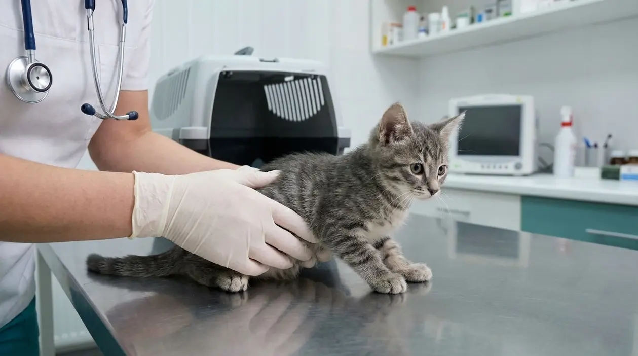 Gattino visitato dal veterinario su un tavolo clinico in ambulatorio