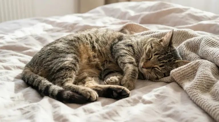 Gatto tigrato che dorme rannicchiato su un letto, avvolto in una coperta chiara