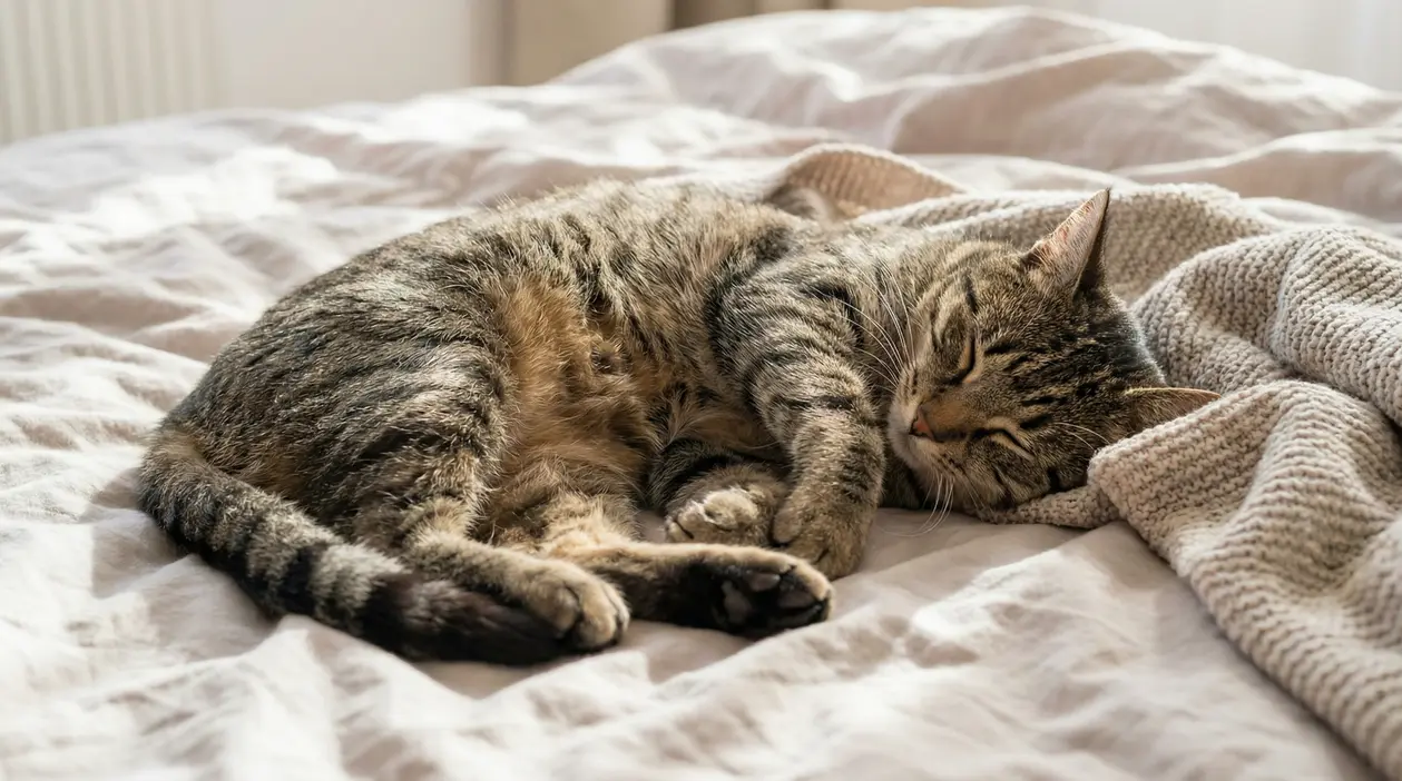 Gatto tigrato che dorme rannicchiato su un letto, avvolto in una coperta chiara