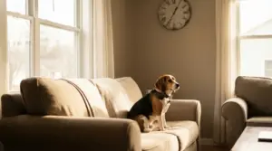 Cane seduto sul divano in soggiorno, vicino a una finestra, mentre aspetta da solo in casa
