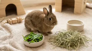Coniglio nano in casa accanto a fieno, acqua e verdure fresche in un ambiente curato