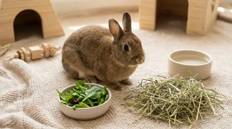 Coniglio nano in casa accanto a fieno, acqua e verdure fresche in un ambiente curato
