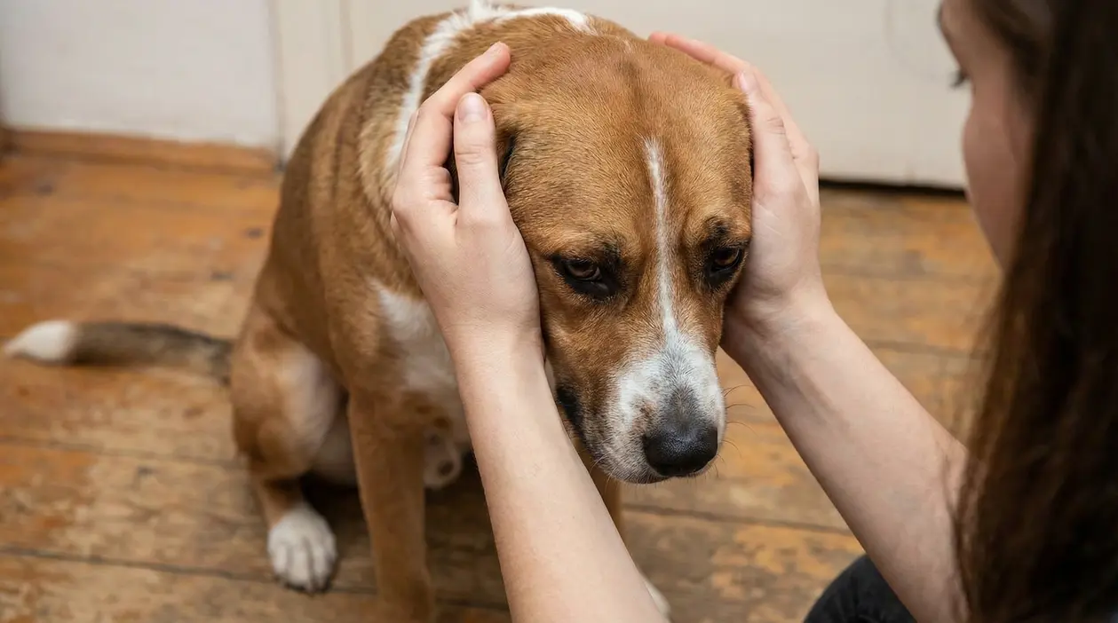 Cane con postura abbassata e sguardo triste mentre una persona gli tiene delicatamente la testa
