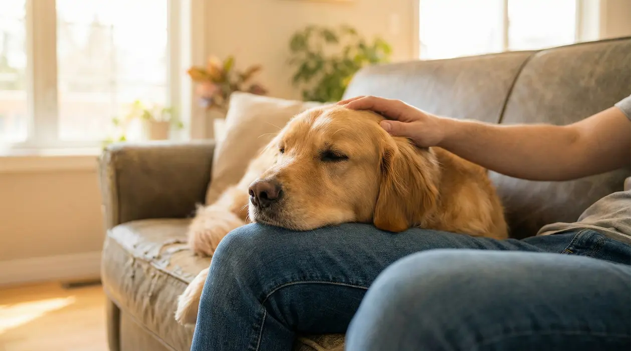 Cane sdraiato con la testa sulle gambe di una persona mentre riceve carezze sul divano
