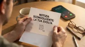 Persona al tavolo che tiene un foglio con simbolo dello Scorpione; sullo sfondo smartphone che squilla e tazza di caffè