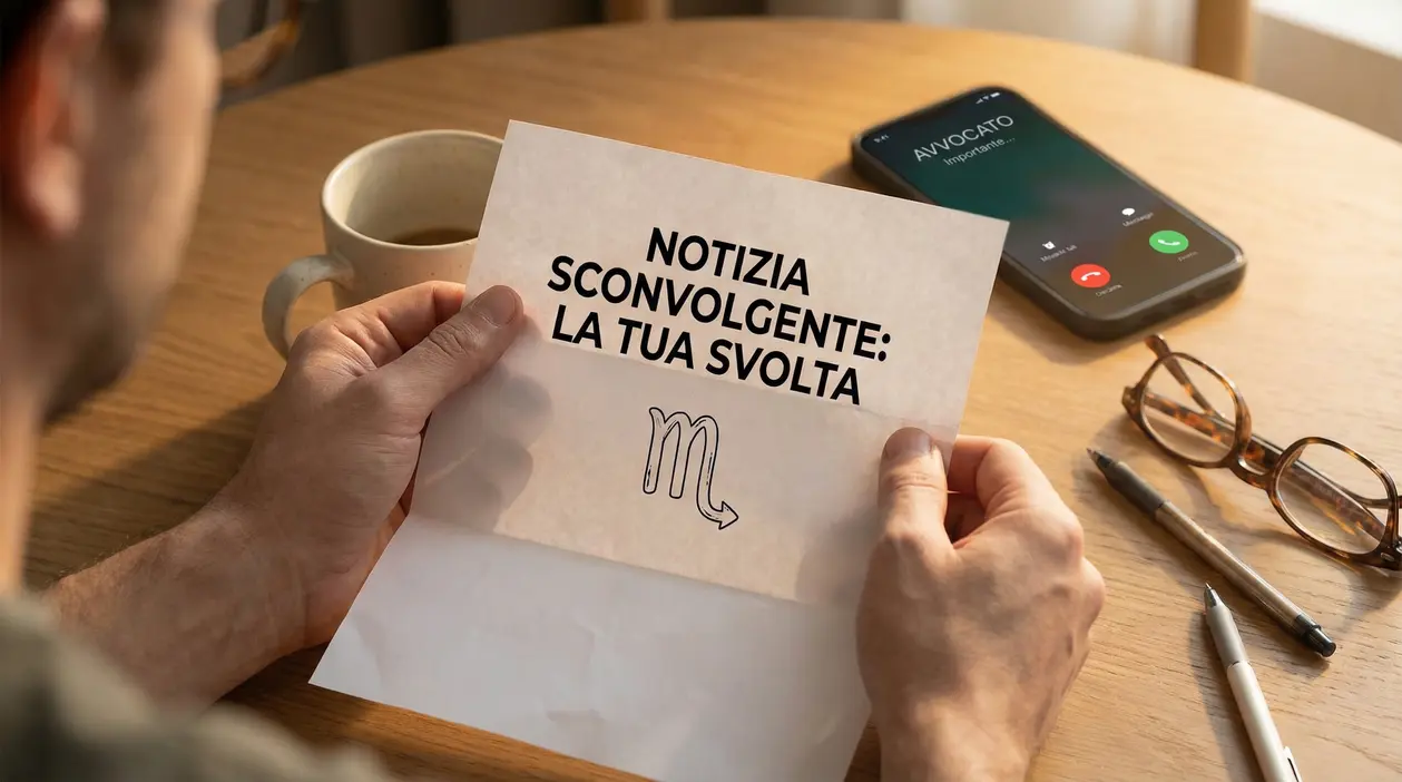Persona al tavolo che tiene un foglio con simbolo dello Scorpione; sullo sfondo smartphone che squilla e tazza di caffè