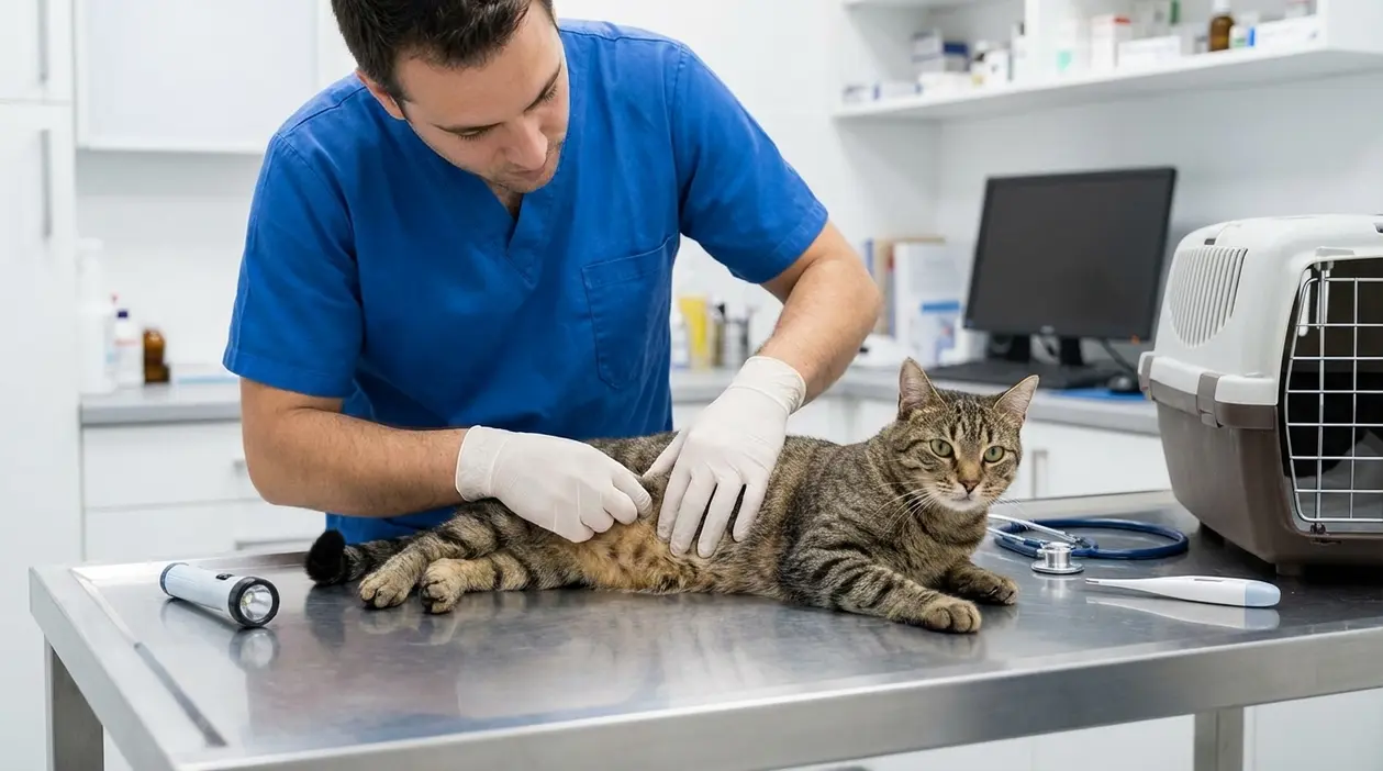 Veterinario visita un gatto tigrato sdraiato sul tavolo in ambulatorio