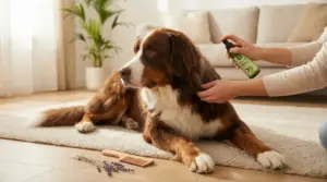 Cane sdraiato in casa mentre una persona applica un rimedio naturale antipulci sul pelo