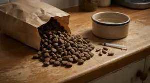 Crocchette rovesciate da un sacchetto accanto a una ciotola, con farmaci e siringa su un tavolo