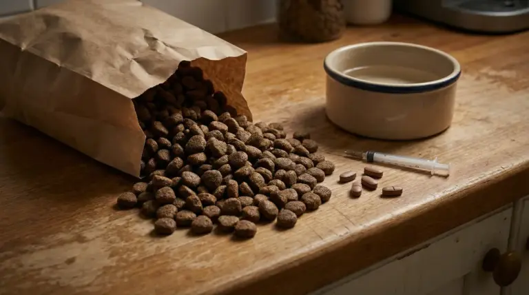 Crocchette rovesciate da un sacchetto accanto a una ciotola, con farmaci e siringa su un tavolo