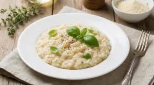 Risotto cremoso servito in piatto bianco, guarnito con basilico fresco e pepe su tavolo di legno