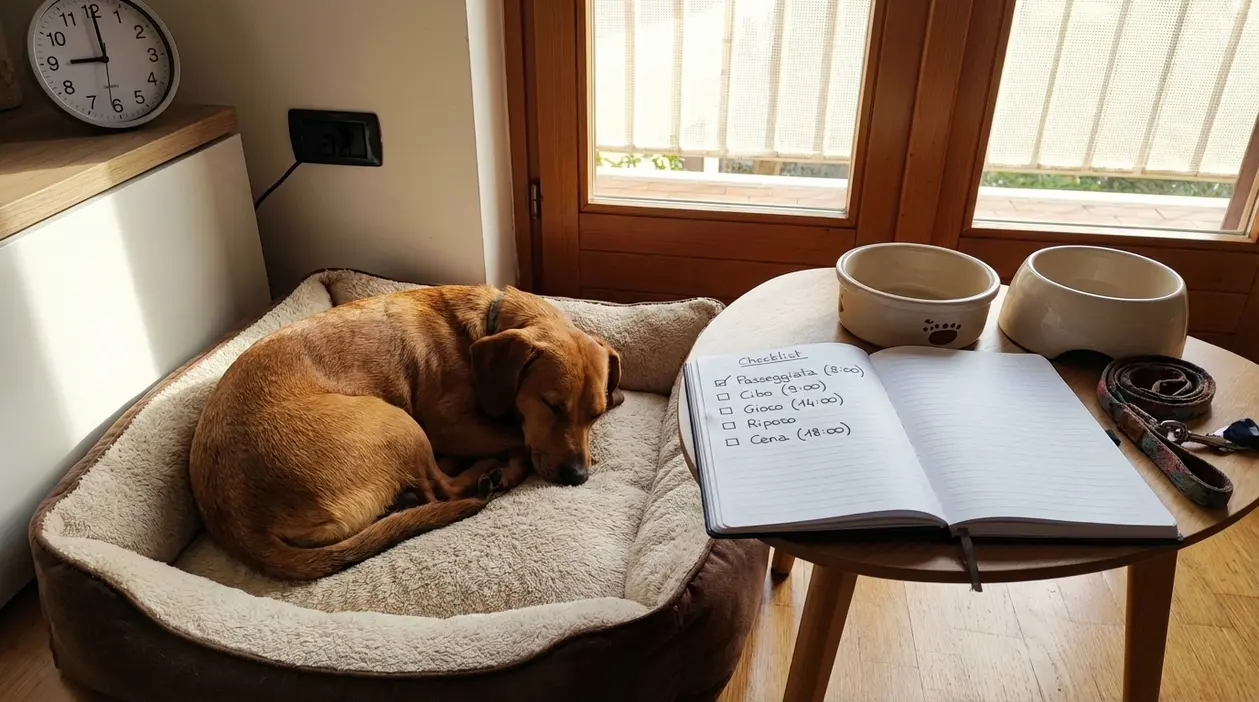 Cane che riposa nella cuccia accanto a ciotole, guinzaglio e agenda con routine quotidiana.