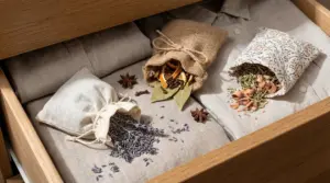 Sacchetti profumati naturali con lavanda, agrumi e spezie in un cassetto con biancheria piegata