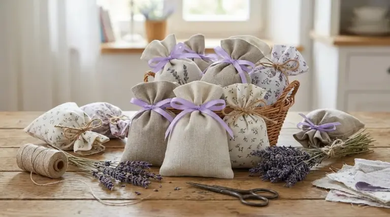 Sacchetti profumati fai da te in tessuto con lavanda, appoggiati su un tavolo di casa