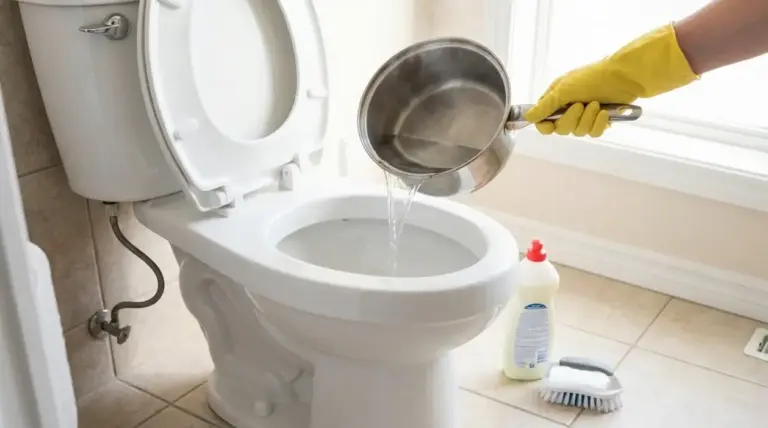 Persona con guanto giallo versa acqua calda nel wc per sbloccarlo senza stantuffo