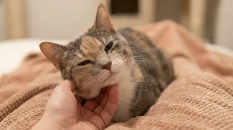 Gatto rilassato si lascia accarezzare sotto il mento su una coperta, segno di fiducia e affetto