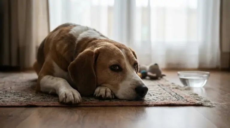 Cane sdraiato sul tappeto in casa con espressione abbattuta, accanto a una ciotola d’acqua