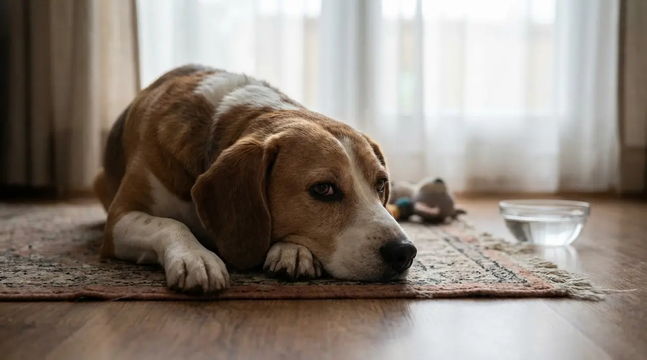 Cane sdraiato sul tappeto in casa con espressione abbattuta, accanto a una ciotola d’acqua
